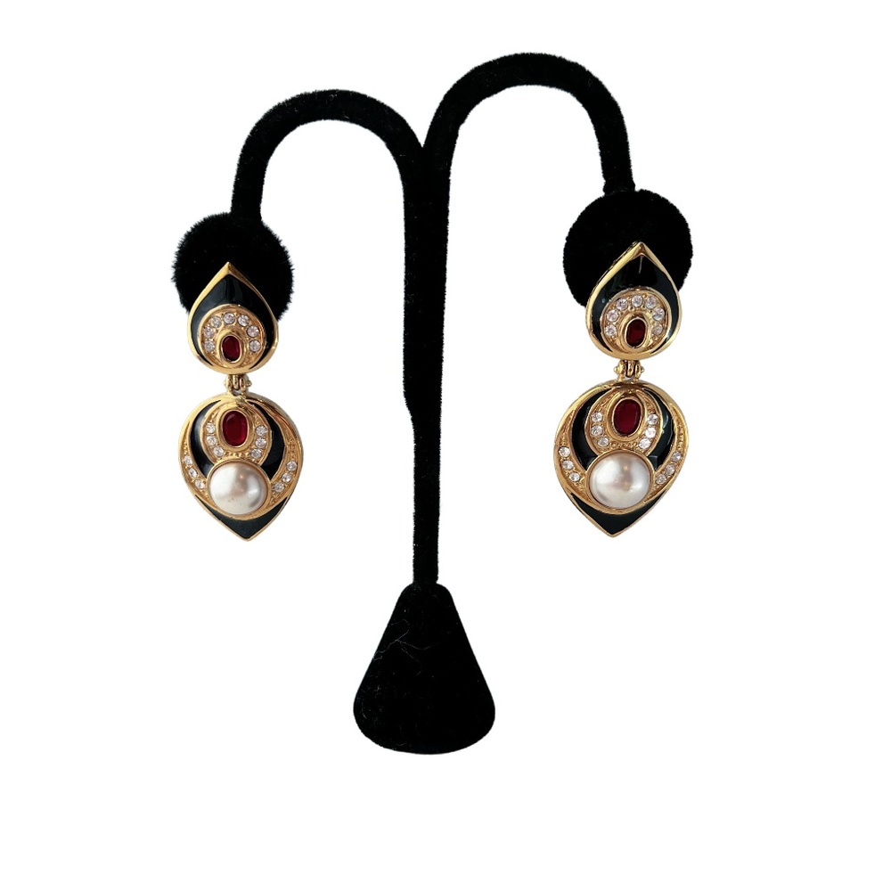 Black Enamel Pearl Gold Bling Earrings for Pierced Ears with Ruby Red Accents - Picture 4 of 4